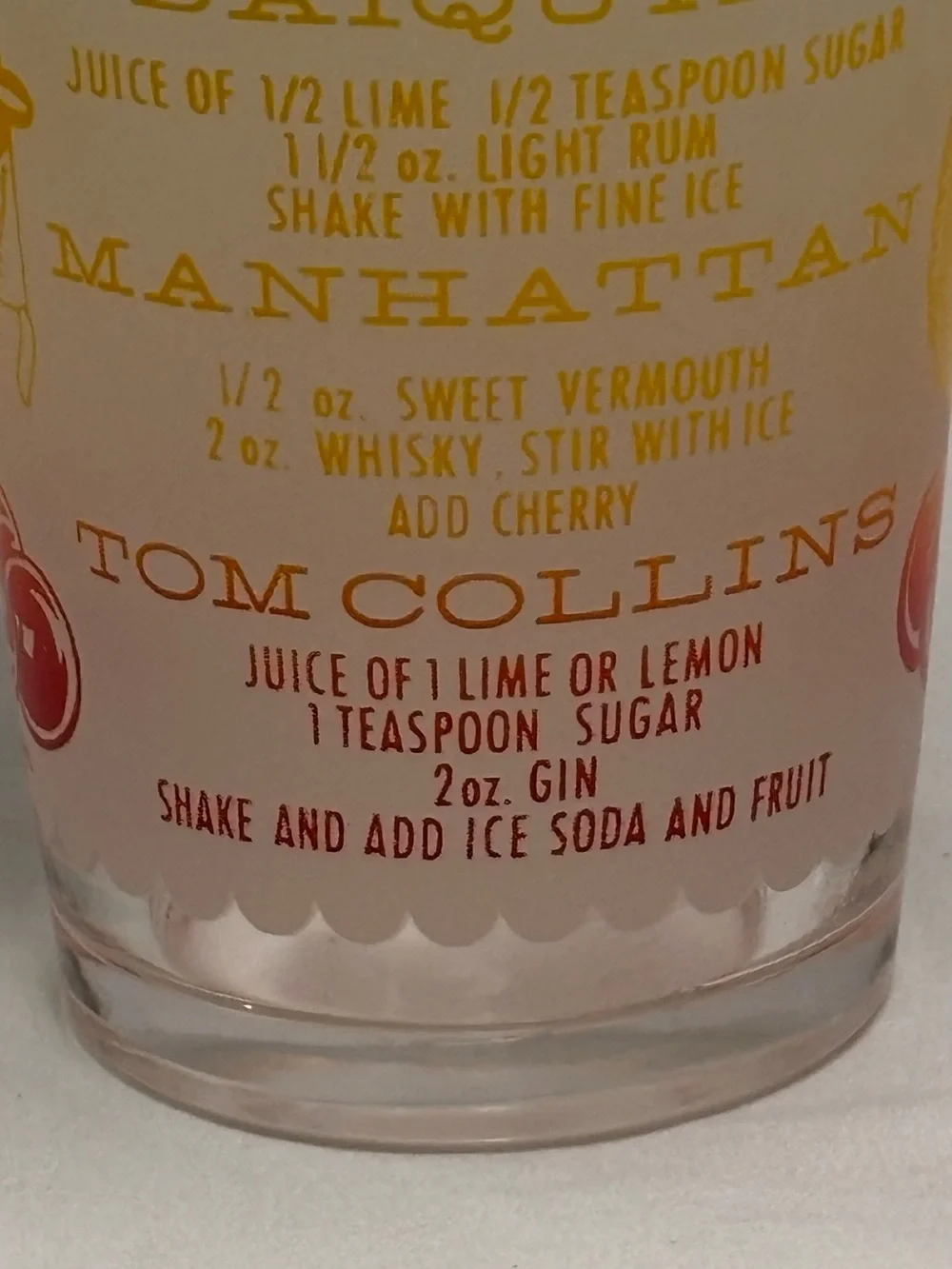 Vintage A Mr. Bartender Original Glass with Cocktail Recipes - Green/Yellow/Red